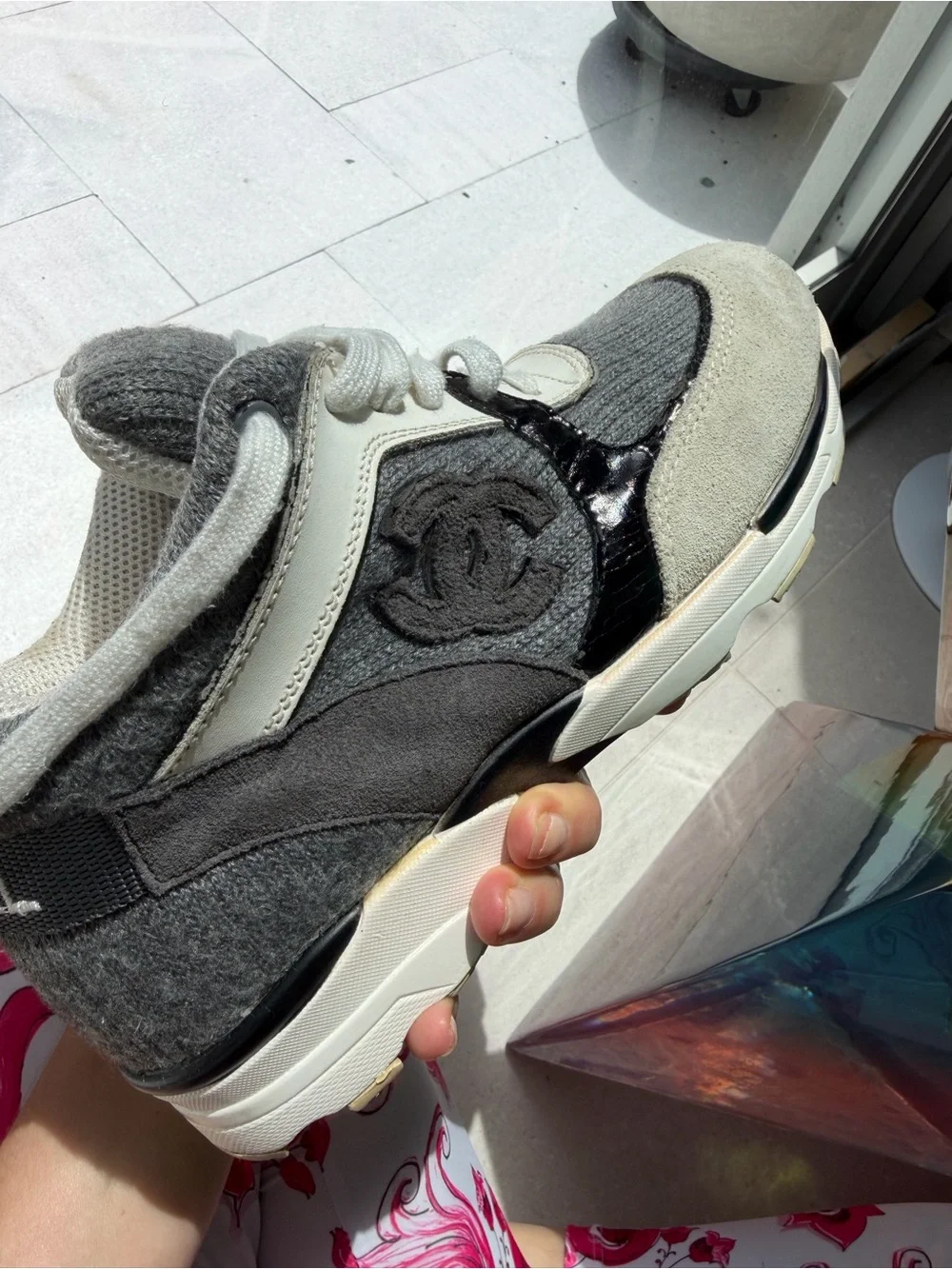 CHANEL Kids' Gray Knit Logo Back Sneakers